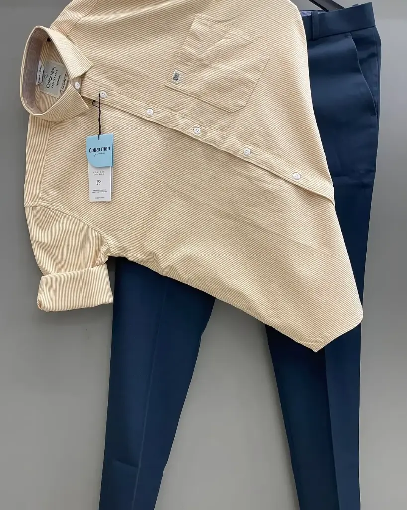 Men’s Beige Striped Shirt & Navy Trouser Combo – Smart Everyday Formal