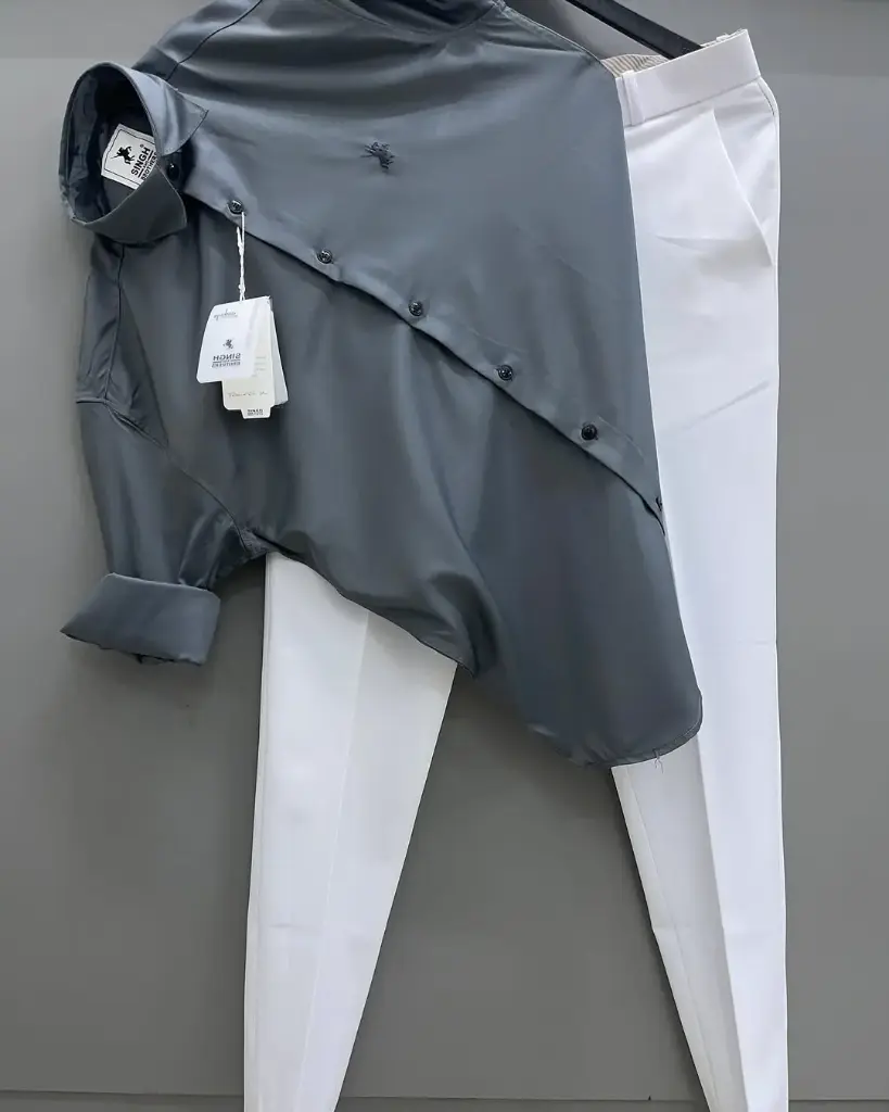 Men’s Charcoal Grey Shirt & White Trouser Combo – Contemporary Luxury Formal