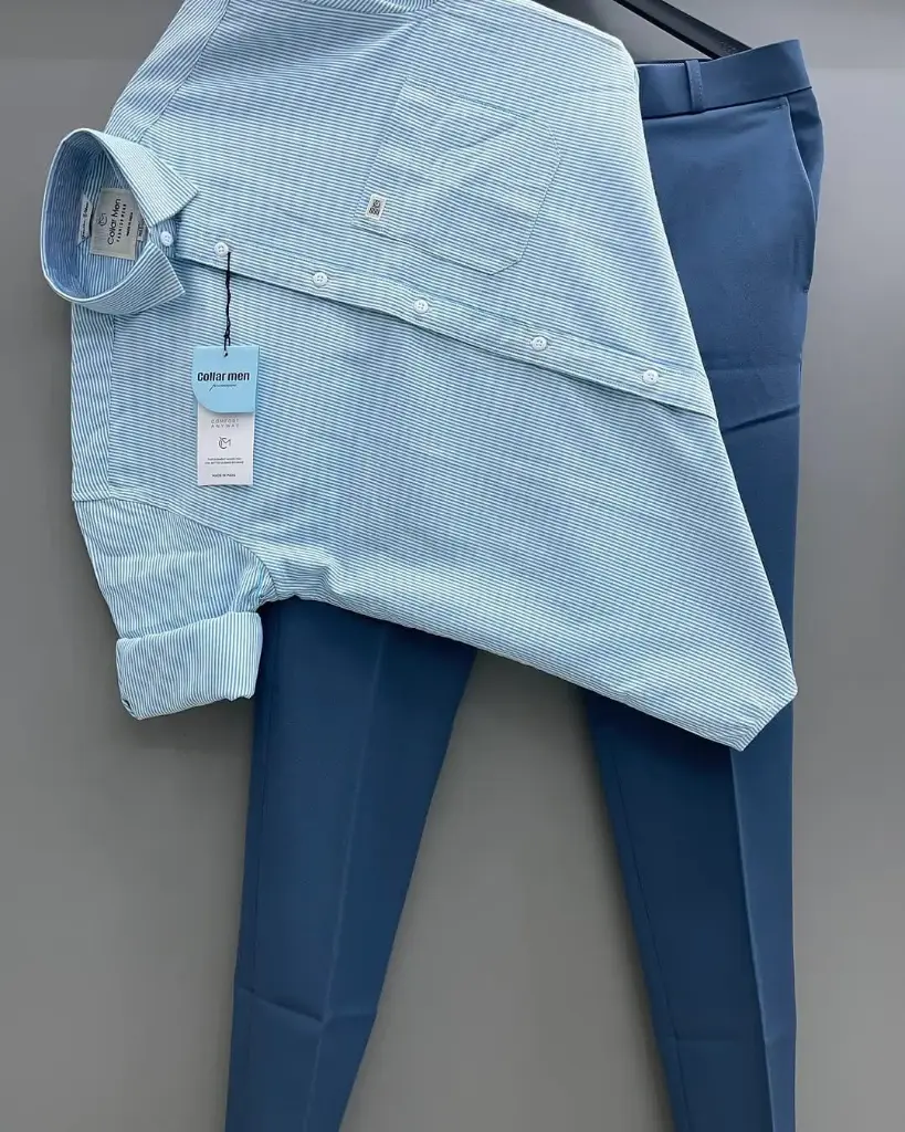 Men’s Light Blue Pinstripe Shirt & Blue Trouser Combo – Smart Everyday Elegance formal