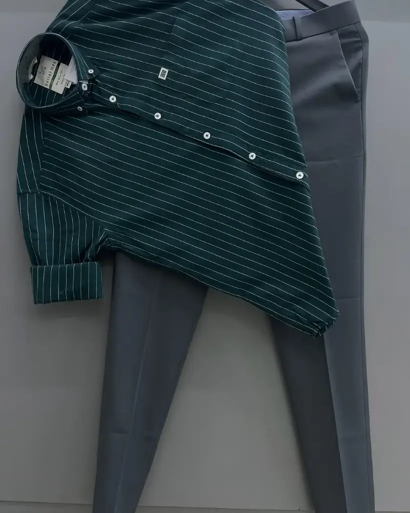 Men’s Green Stripe Shirt & Grey Trouser Combo – Refined Modern Classic