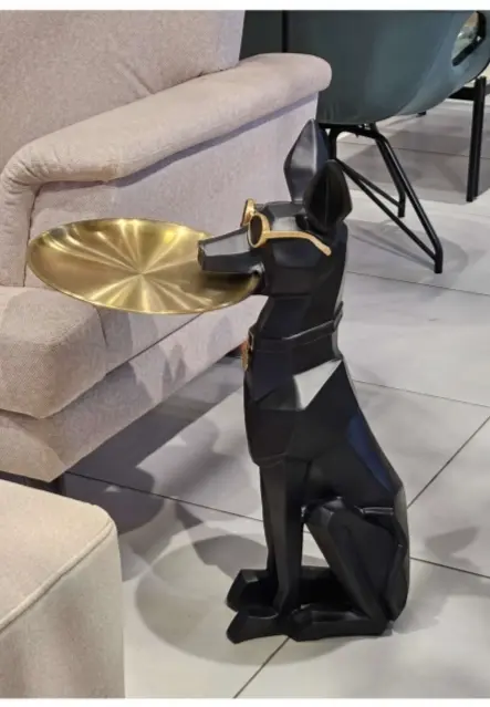 Geometric Dog Butler Side Table with Gold Tray – Modern Decorative Sculpture & Functional Accent Table