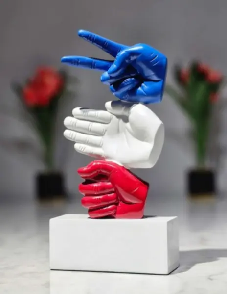 Modern Hand Gesture Sculpture – Red, White & Blue Abstract Art Décor